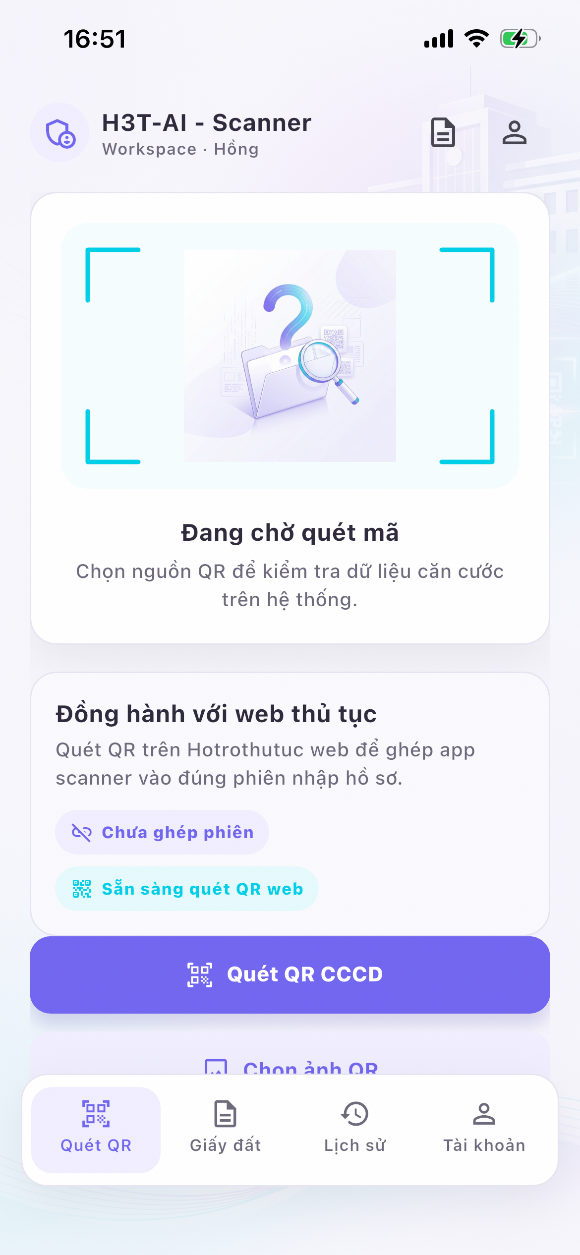 Màn hình QR workspace của H3T-AI Scanner