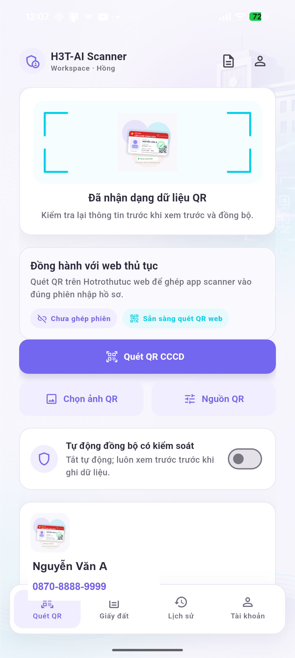 Màn hình rà soát dữ liệu QR CCCD mẫu
